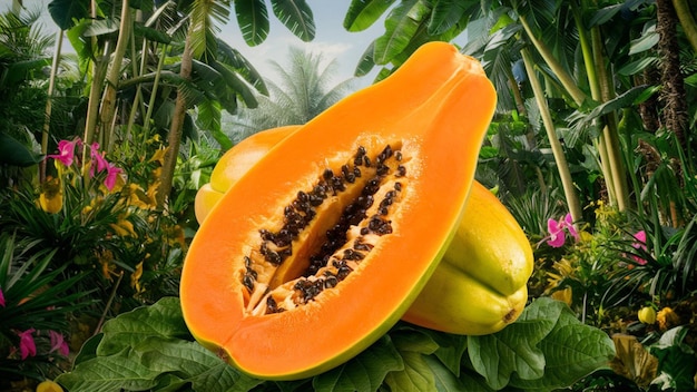 une papaye pousse sur une plante avec des feuilles et un ciel bleu en arrière-plan