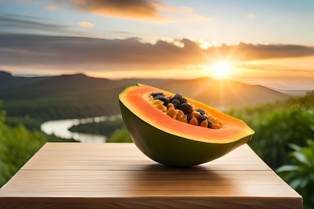 Une papaye sur une table en bois avec un coucher de soleil en arrière-plan