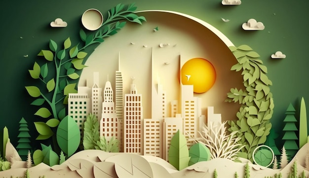 Paper art Ecology city avec l'IA générative respectueuse de l'environnement