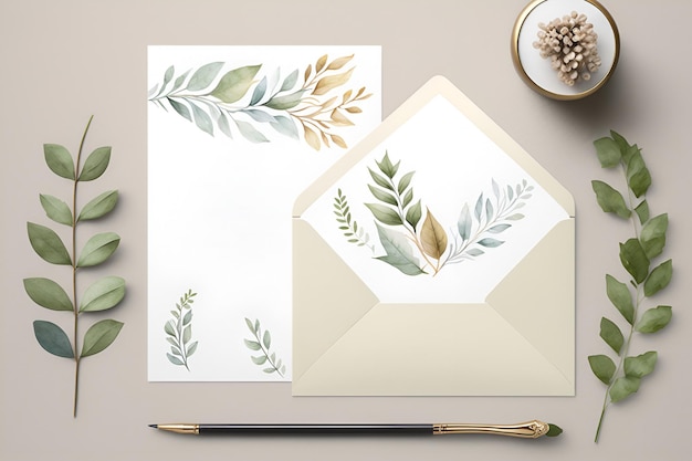 Papeterie conçue dans un style minimaliste ornée d'une subtile bordure aquarelle de feuilles Carte postale fleurs aquarelle AI générative