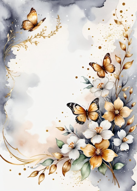 Papier aquarelle vintage avec fleurs et papillons