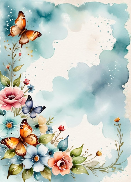 Papier aquarelle vintage avec fleurs et papillons