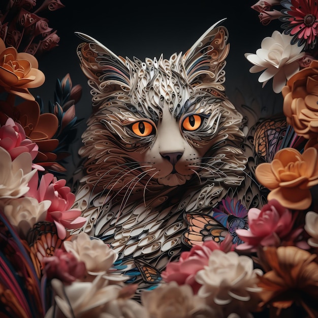 Papier d'art d'un chat avec des fleurs