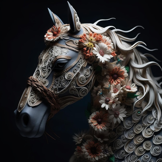 Papier d'art d'un cheval avec des fleurs