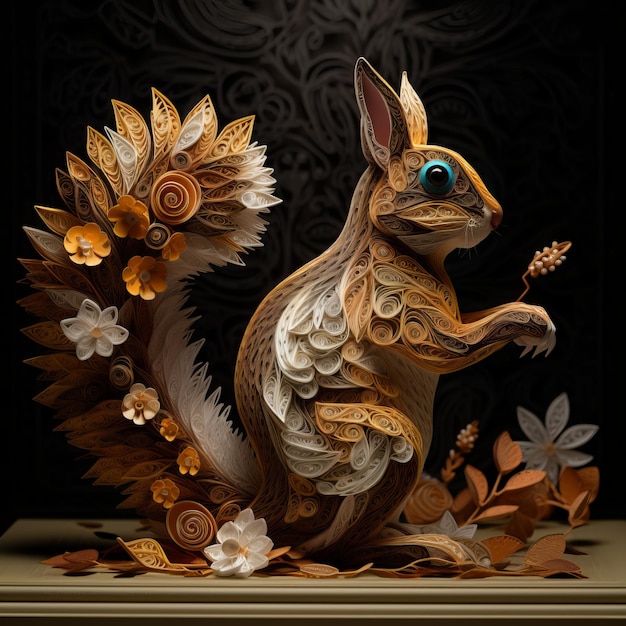 Papier d'art d'un écureuil avec des fleurs