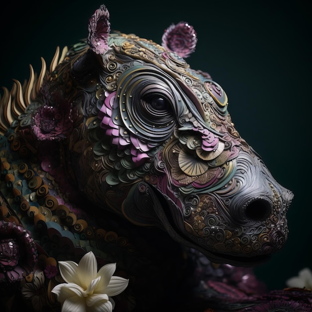 Papier d'art d'un hippopotame avec des fleurs