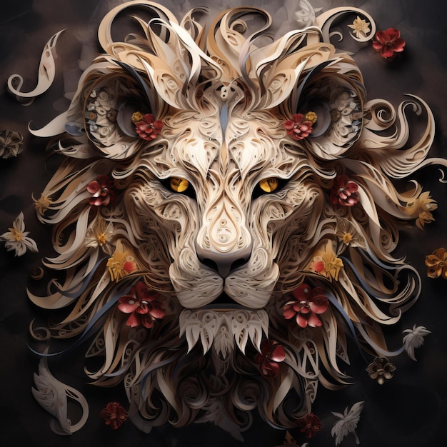 Papier d'art d'un lion avec des fleurs