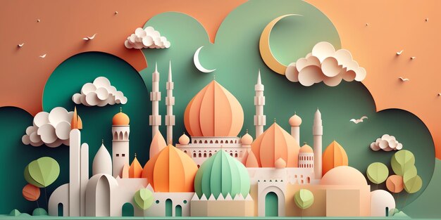 Papier d'art d'une mosquée avec un croissant de lune et des étoiles