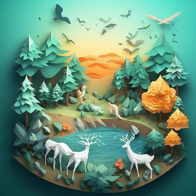 Papier art style forêt arbre faune tigre cerf oiseau île flottant génératif Ai