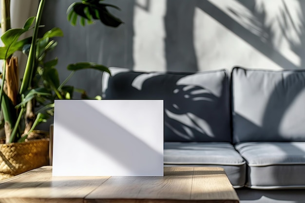 Un papier blanc blanc sur une table en bois dans un salon confortable avec un canapé et des plantes en arrière-plan