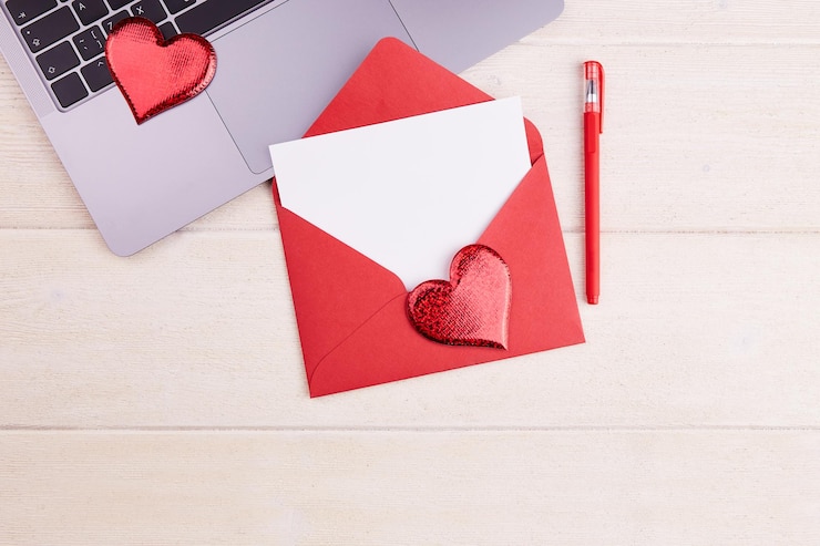 Photo un papier blanc dans une enveloppe rouge, un ordinateur portable, des cœurs sur un fond blanc, un modèle d'espace de copie en haut.