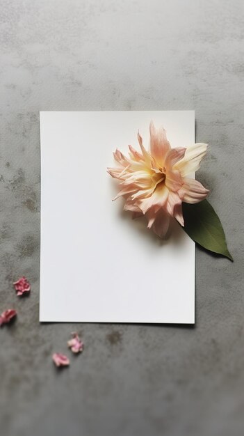 Un papier blanc avec une fleur dessus est posé sur une table grise.