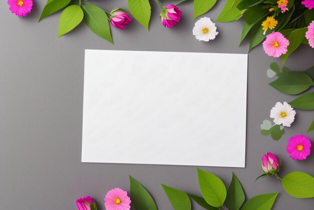 Un papier blanc avec des fleurs roses dessus est placé sur un fond gris