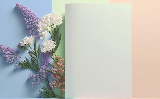 papier blanc sur fond pastel espace copie avec fleurs printanières, carte de voeux, carte d'invitation