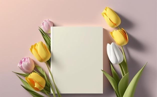 papier blanc sur fond pastel espace copie avec tulipes, carte de voeux, carte d'invitation