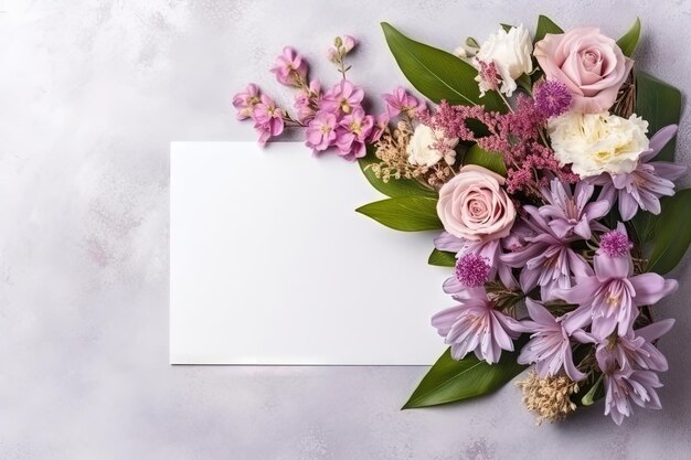 papier blanc de maquette avec arrangement de fleurs sur un layflat