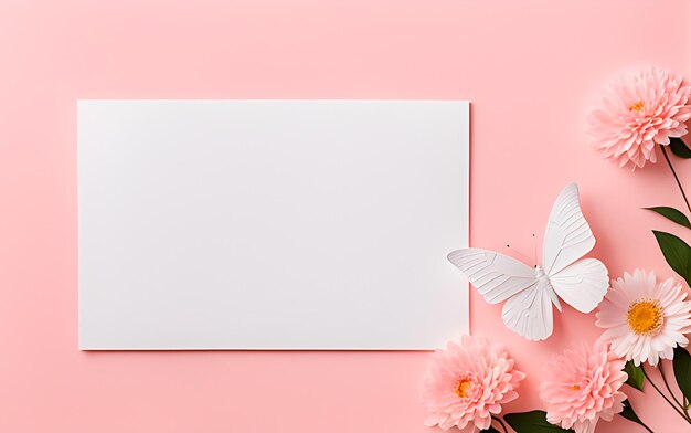 Photo un papier blanc ou une note avec de l'espace pour votre message d'un papillon et des fleurs sur un fond rose