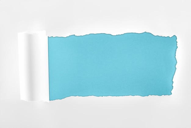 Papier blanc texturé déchiré avec bord roulé sur fond bleu