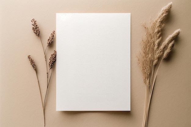 Papier blanc vide décoration d'herbe séchée vierge sur beige Illustration AI Générative