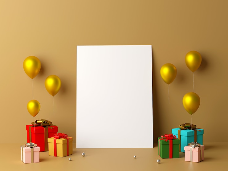 Photo papier blanc vierge penchant le mur et les cadeaux fond de rendu 3d