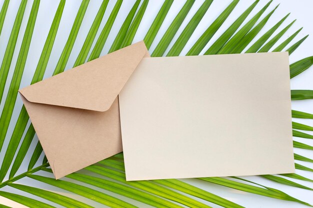 Papier brun et enveloppes sur feuilles vertes