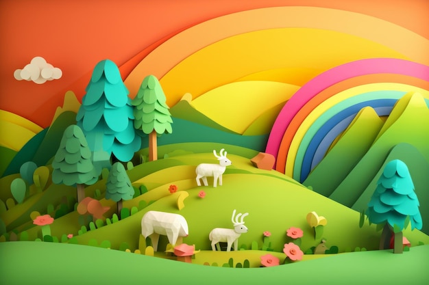 Un papier coloré découpé d'un paysage avec des animaux et un arc-en-ciel.