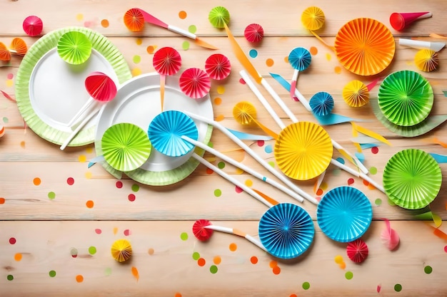 Papier coloré sur une table en bois avec des assiettes en papier colorées et une assiette blanche avec des perles colorées.