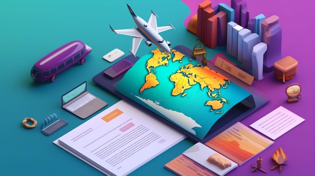 Papier de concept d'entreprise de réservation de voyage et modèle d'avion sur fond de bureau coloré