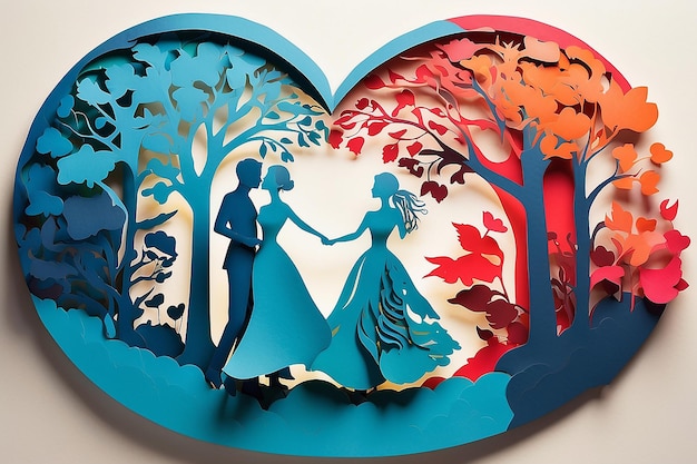 Photo papier découpé amour toile de fond vibrante illustrer des dessins mettant en vedette des couples dansant se tenant la main et s'embrassant