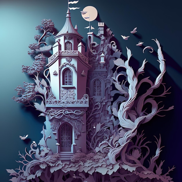 Papier découpé art illustration château et lune éléments sculptés dans du papier image colorée illusion de profondeur 3d multidimensionnelle