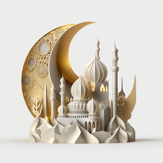 Papier découpé art d'une mosquée et de la lune