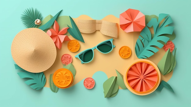 Un papier découpé dans un fruit tropical et un chapeau avec une feuille tropicale et des lunettes de soleil.