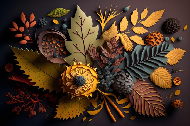 Un papier découpé dans une variété de feuilles et de fruits