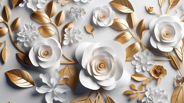 Un papier découpé de fleurs avec des feuilles d'or et des fleurs.