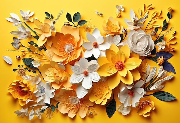 papier découpé de fleurs sur fond jaune