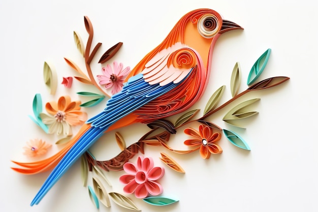 Un papier découpé d'un oiseau avec des fleurs dessus.