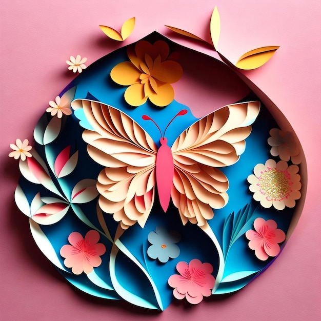 Un papier découpé d'un papillon avec des fleurs dessus