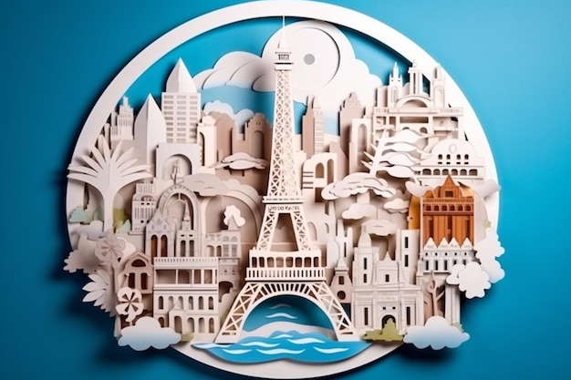 Un papier découpé de Paris avec une ville en arrière-plan.