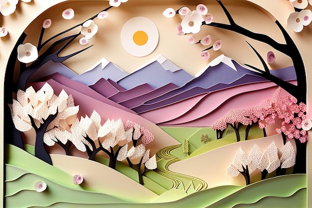 Un papier découpé d'un paysage avec des montagnes et des arbres.