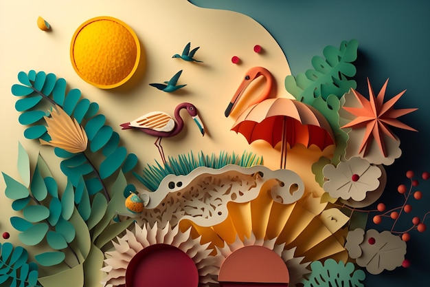 Un papier découpé d'un paysage tropical avec des oiseaux et des arbres.