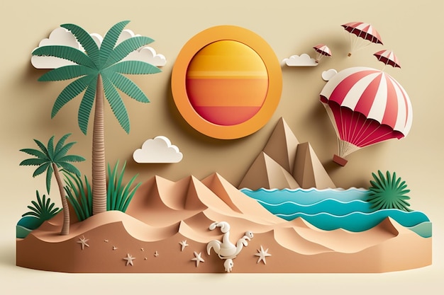 Un papier découpé d'une plage avec un palmier et un soleil et une plage.