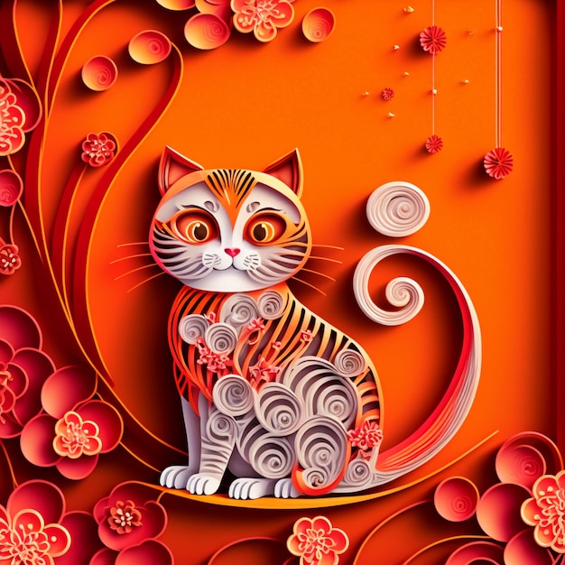 Papier découpé quilling style chinois multidimensionnel mignon chat du zodiaque avec des lanternes fleurissent fleur de pêcher en arrière-plan nouvel an chinois concept de nouvel an lunaire 2023