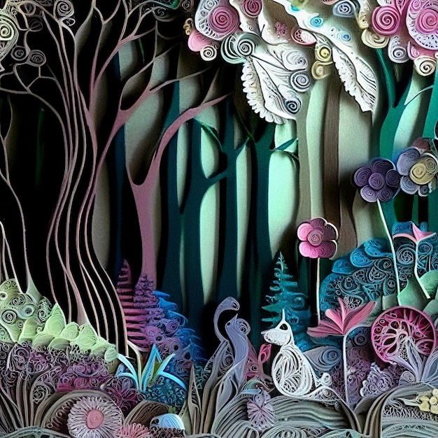 Papier de forêt enchantée quilling art et illustration aux couleurs pastel