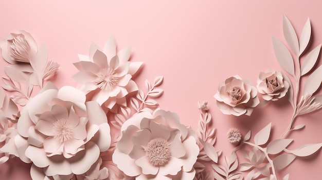Papier IA génératif coupé fleurs et feuilles artisanales couleur rose clair fond texturé origami floral