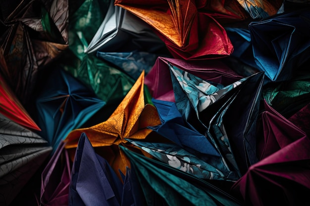 Le papier origami coloré se plie avec des motifs et des textures complexes sur un fond sombre