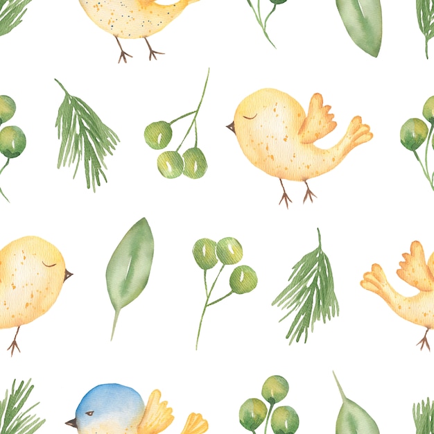 Papier de papier numérique aquarelle printemps. modèle de printemps sans soudure. Oiseaux d'animaux délicats neutres et motifs floraux de verdure. design textile