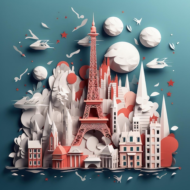 Papier Patriotique Coupe Illustration De Style Artisanat 3D Célébrant Le Jour De La Bastille