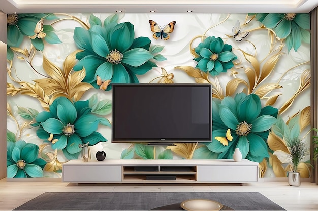 papier peint 3D fond floral abstrait avec des fleurs vertes et un mural de papillon doré pour l'intérieur de la maison