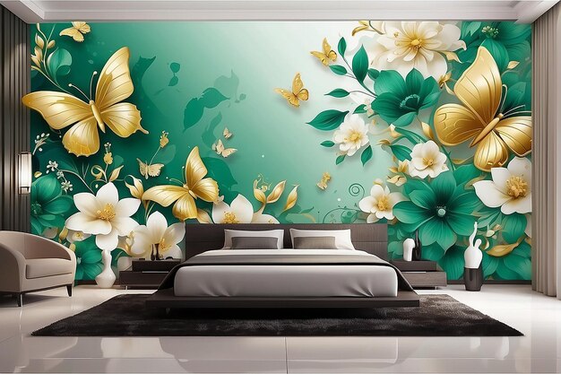 papier peint 3D fond floral abstrait avec des fleurs vertes et un mural de papillon doré pour l'intérieur de la maison