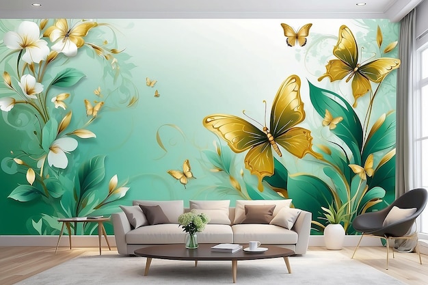 papier peint 3D fond floral abstrait avec des fleurs vertes et un mural de papillon doré pour l'intérieur de la maison